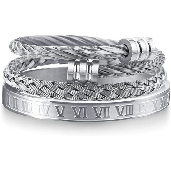 3PCS Stainless Steel Bracelets for Men Gold Roman Numeral Bangle Bracelet Cable - Picture 1 of 6